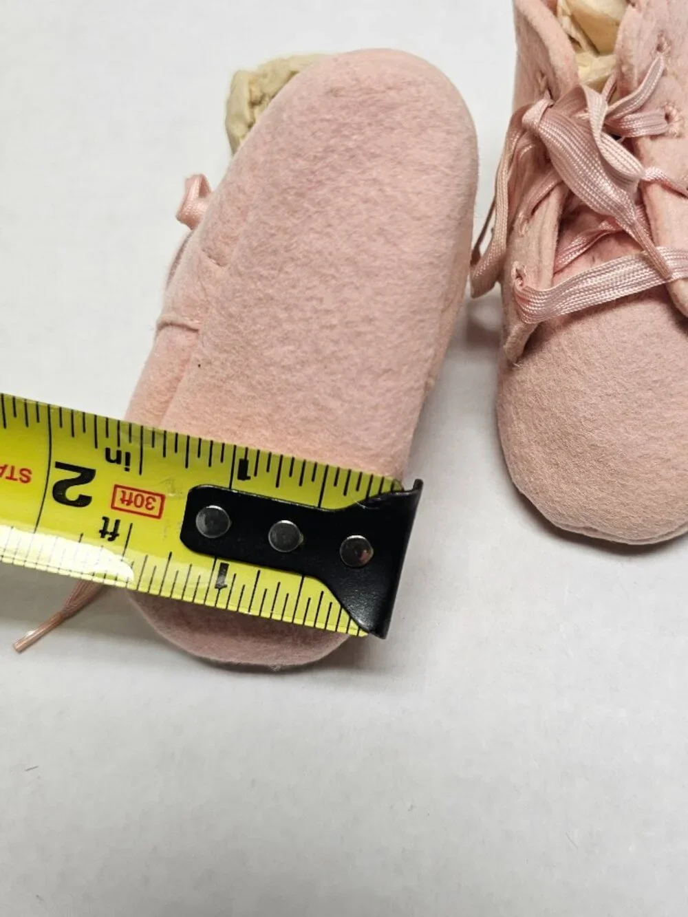 Vintage Infant Baby Deer Pink Felt Wool Satin Lace Made in Farmington USA Shoes
